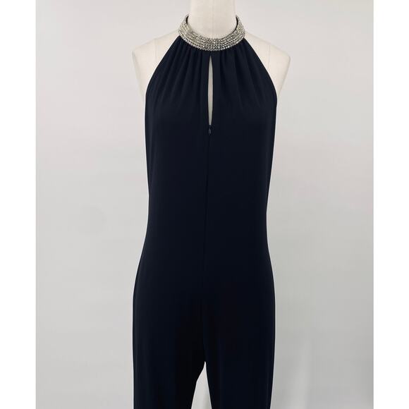 Vintage 90s Jumpsuit Embellished Rhinestone Choker Keyhole Neck Flared Leg Black - Picture 2 of 12